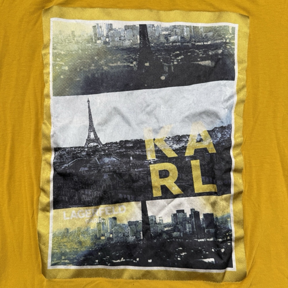 Karl Lagerfeld Paris Graphic Tee Womens Medium Mustard Yellow Eiffel Tower Photo